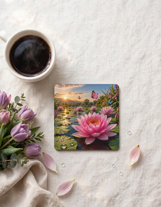 Acrylic Square Coaster – Lotus Pond Butterfly Sunset | Nature Art Home Gift