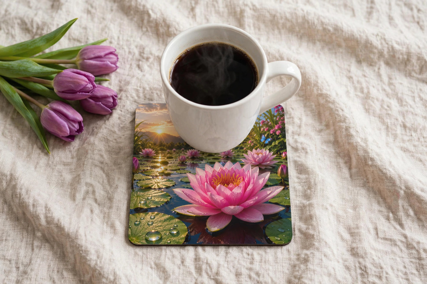 Acrylic Square Coaster – Lotus Pond Butterfly Sunset | Nature Art Home Gift