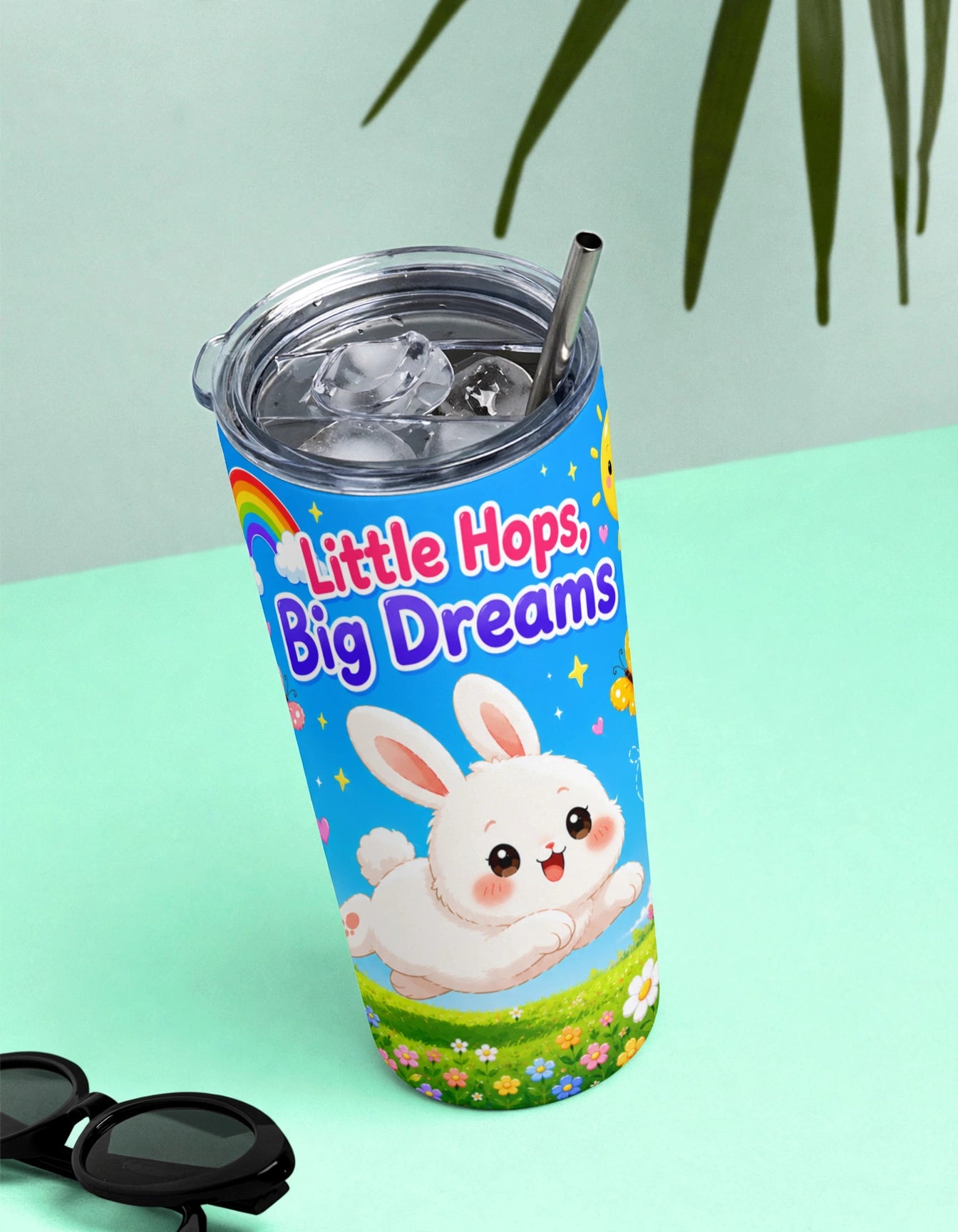 Kids Stainless Steel Tumbler With Straw – Cute Bunny Little Hops Big Dreams | Inspirational Gift
