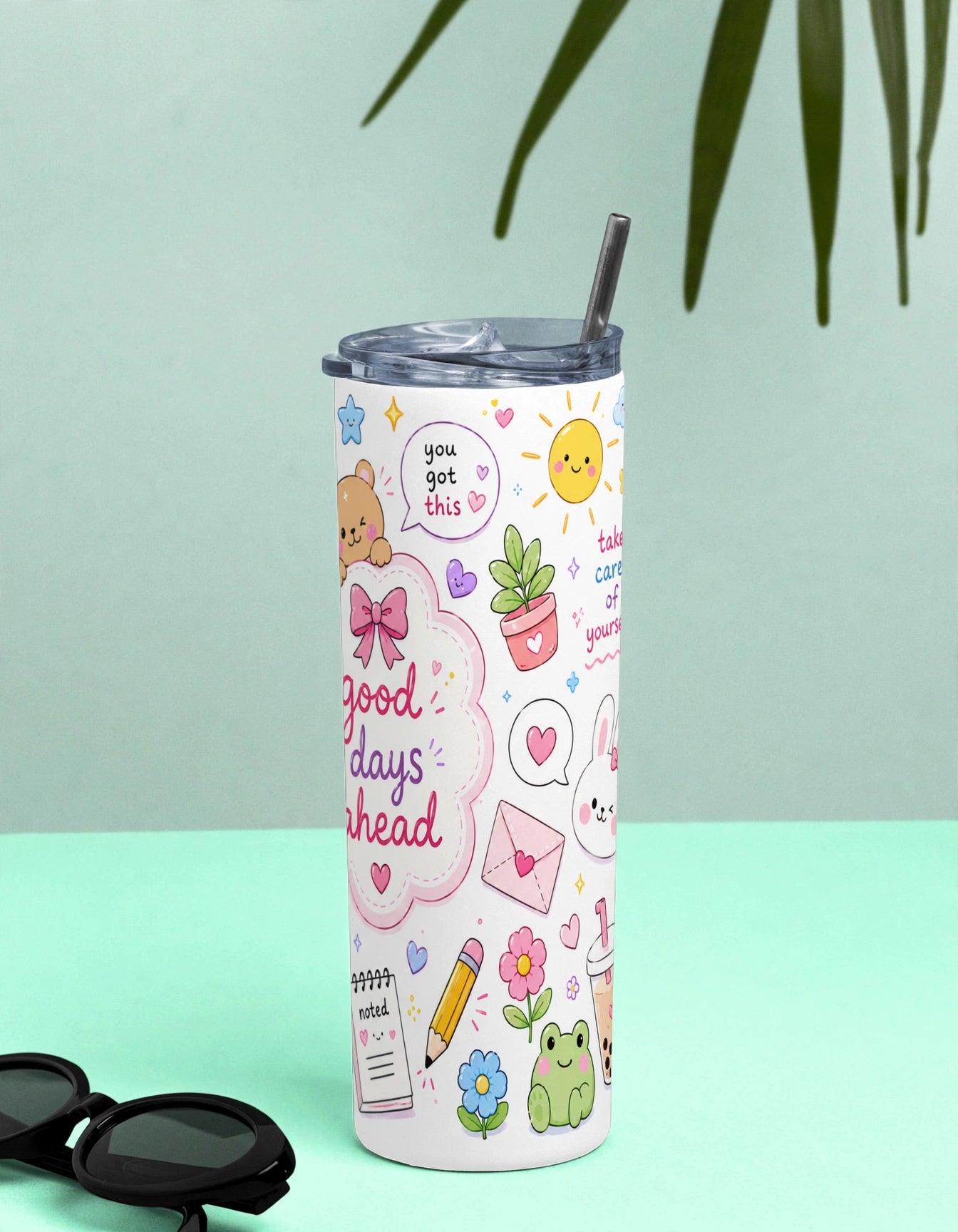 Kids Stainless Steel Tumbler With Straw – Kawaii Bear Good Days Ahead | Motivational Gift