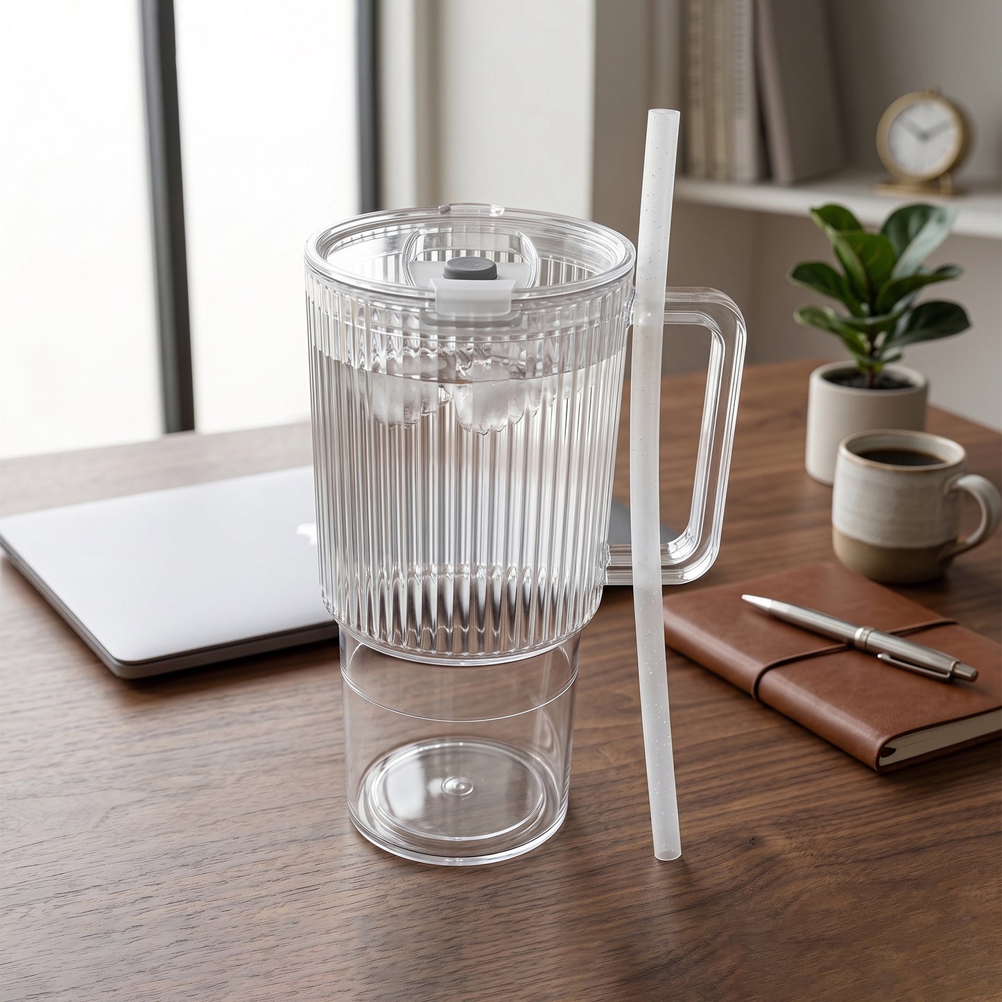 Kids Tumbler 900ml With Handle Lid And Straw Ribbed Water Sipper Cup (1 Pc)