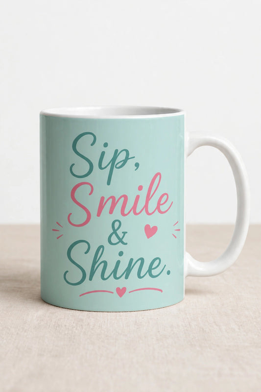 Personalised White Ceramic Coffee Mug – Sip, Smile and Shine | 11oz Gift