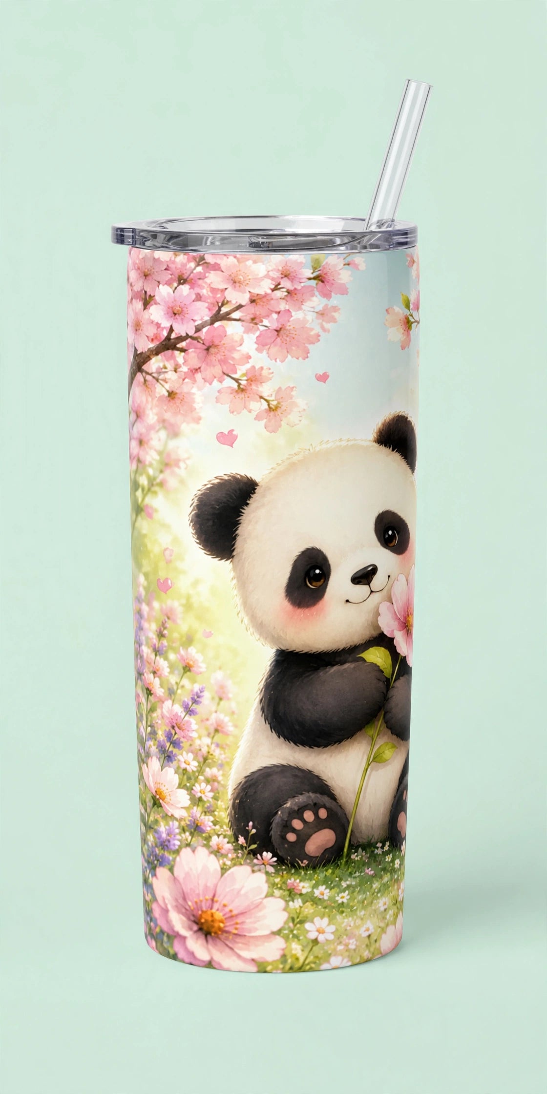 Stainless Steel Tumbler With Straw – Cute Panda Cherry Blossom | Adorable Gift