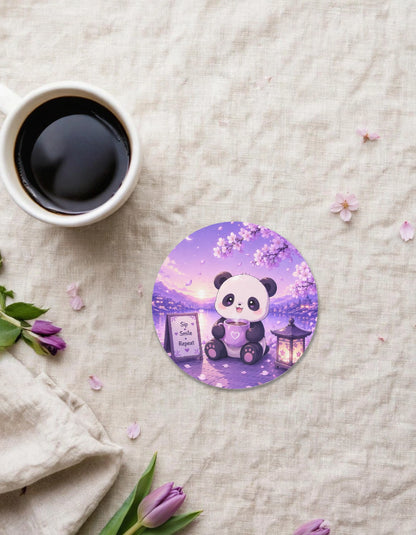 Acrylic Circle Coaster – Cozy Panda with Tea at Sunset | Whimsical Home Decor Gift