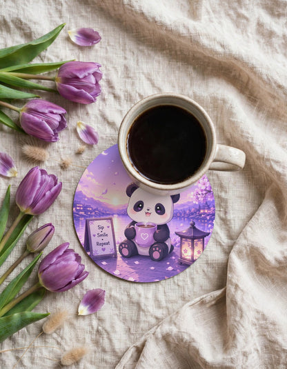 Acrylic Circle Coaster – Cozy Panda with Tea at Sunset | Whimsical Home Decor Gift