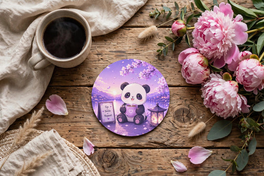 Acrylic Circle Coaster – Cozy Panda with Tea at Sunset | Whimsical Home Decor Gift
