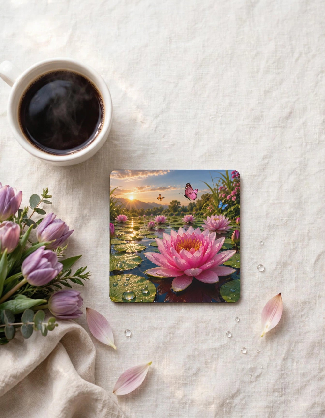 Acrylic Square Coaster – Lotus Pond Butterfly Sunset | Nature Art Home Gift