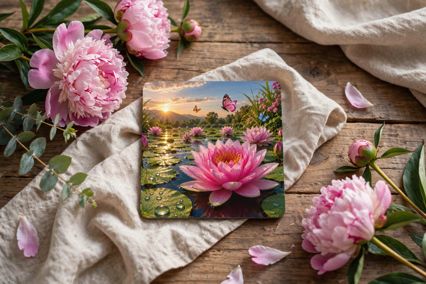 Acrylic Square Coaster – Lotus Pond Butterfly Sunset | Nature Art Home Gift