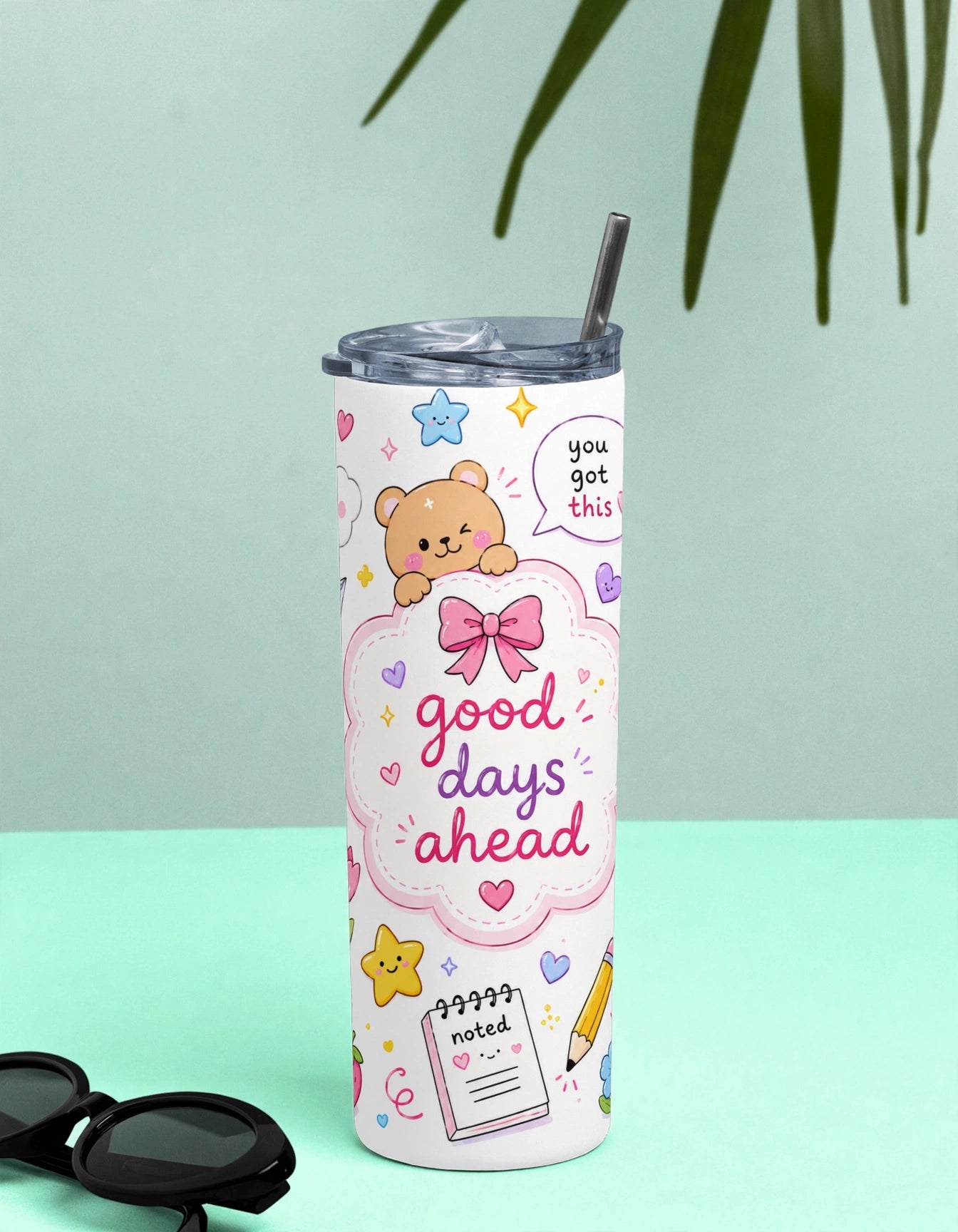 Kids Stainless Steel Tumbler With Straw – Kawaii Bear Good Days Ahead | Motivational Gift