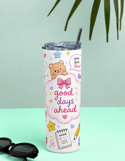 Kids Stainless Steel Tumbler With Straw – Kawaii Bear Good Days Ahead | Motivational Gift