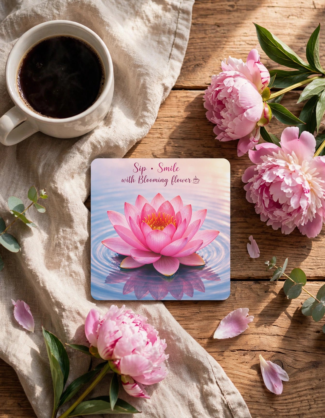 Acrylic Square Coaster – Lotus Blooming Flower | Zen Home & Office Gift