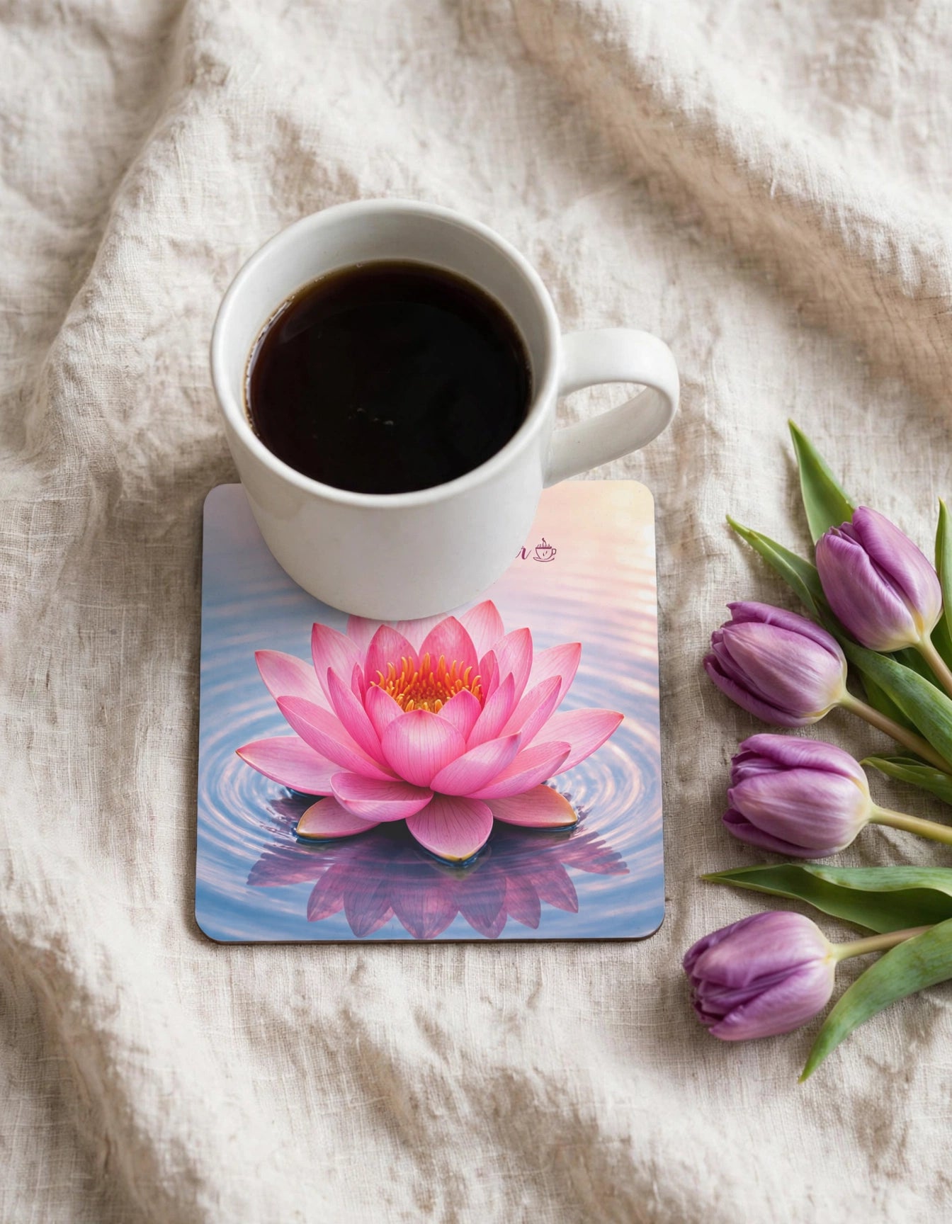 Acrylic Square Coaster – Lotus Blooming Flower | Zen Home & Office Gift