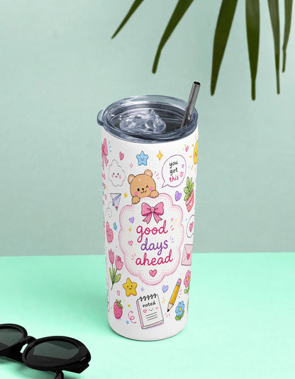 Kids Stainless Steel Tumbler With Straw – Kawaii Bear Good Days Ahead | Motivational Gift