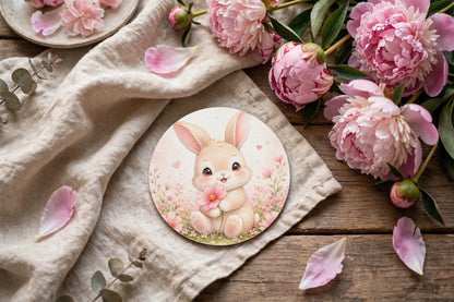 Acrylic Round Coaster – Cute Bunny Meadow | Whimsical Home Decor Gift