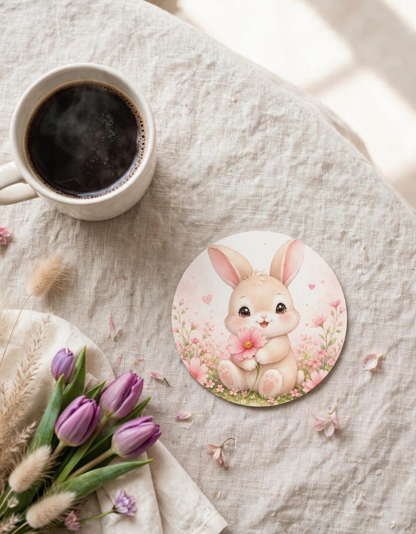 Acrylic Round Coaster – Cute Bunny Meadow | Whimsical Home Decor Gift