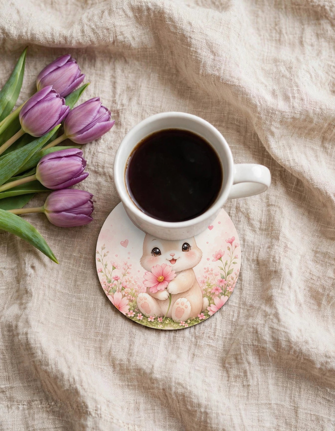 Acrylic Round Coaster – Cute Bunny Meadow | Whimsical Home Decor Gift