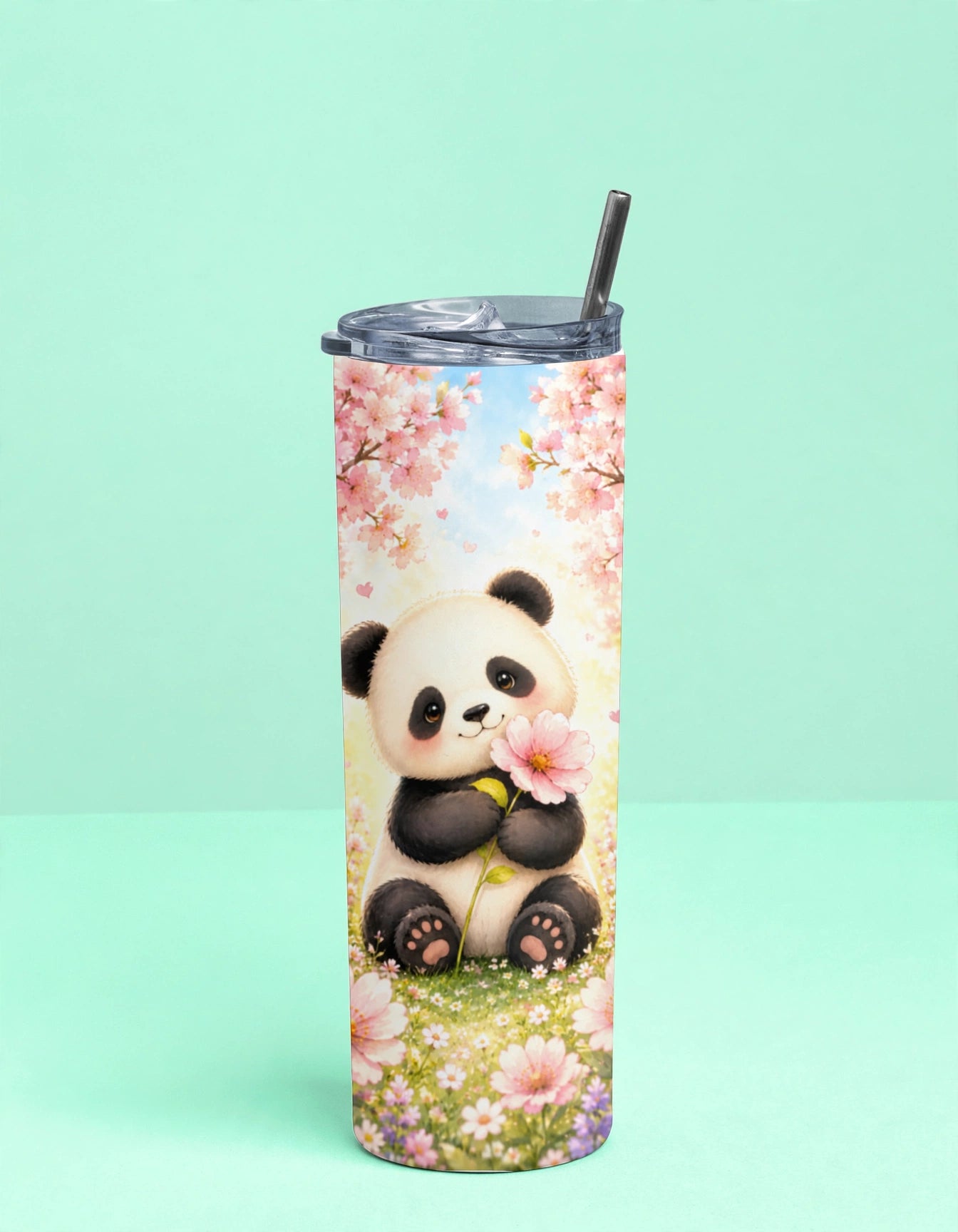 Stainless Steel Tumbler With Straw – Cute Panda Cherry Blossom | Adorable Gift