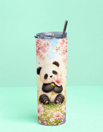 Stainless Steel Tumbler With Straw – Cute Panda Cherry Blossom | Adorable Gift