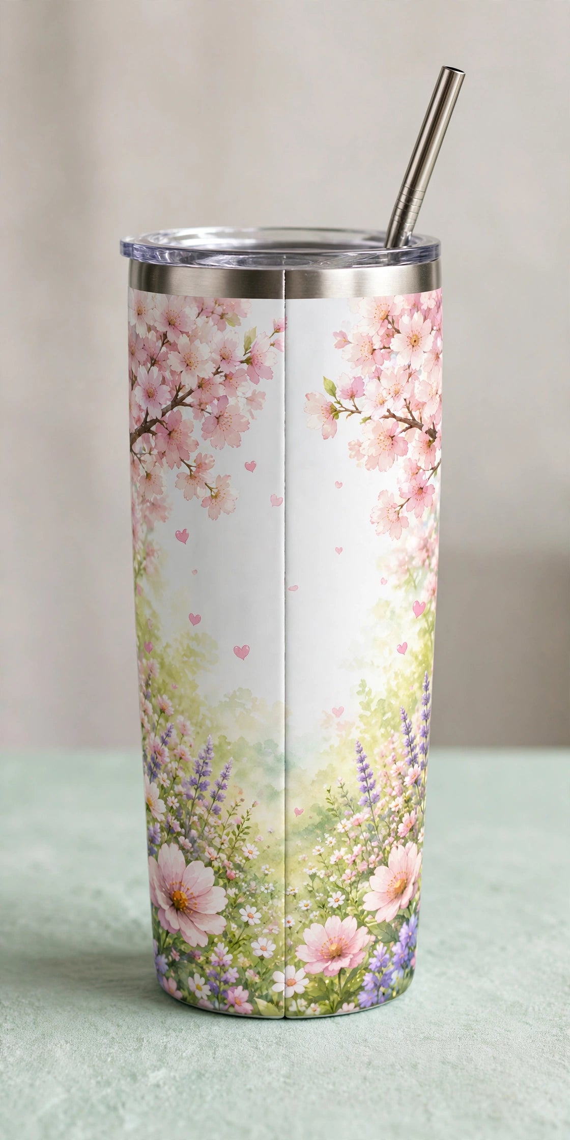Stainless Steel Tumbler With Straw – Cute Panda Cherry Blossom | Adorable Gift