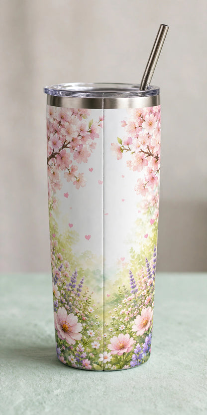 Stainless Steel Tumbler With Straw – Cute Panda Cherry Blossom | Adorable Gift