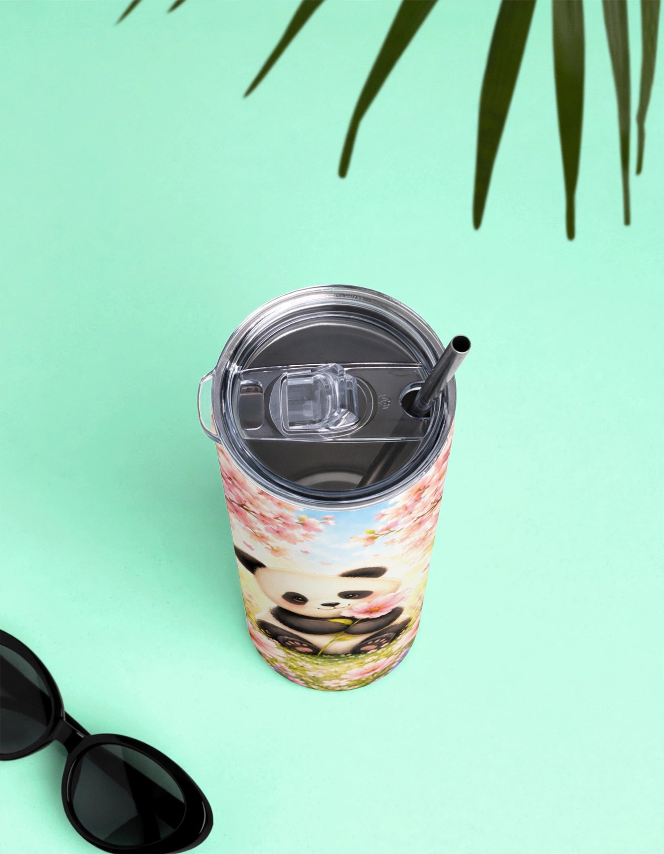 Stainless Steel Tumbler With Straw – Cute Panda Cherry Blossom | Adorable Gift