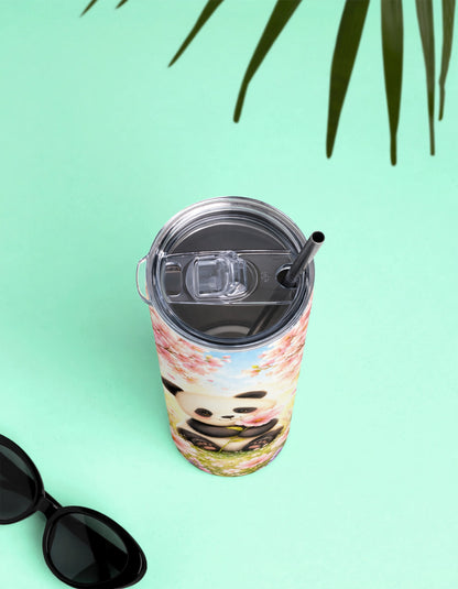 Stainless Steel Tumbler With Straw – Cute Panda Cherry Blossom | Adorable Gift