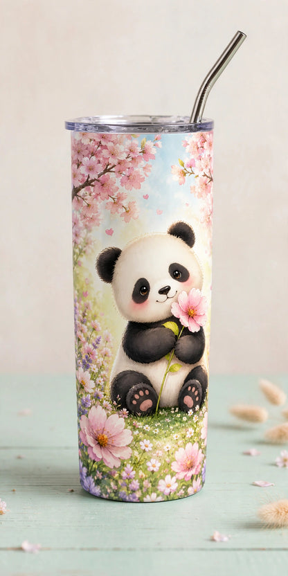 Stainless Steel Tumbler With Straw – Cute Panda Cherry Blossom | Adorable Gift