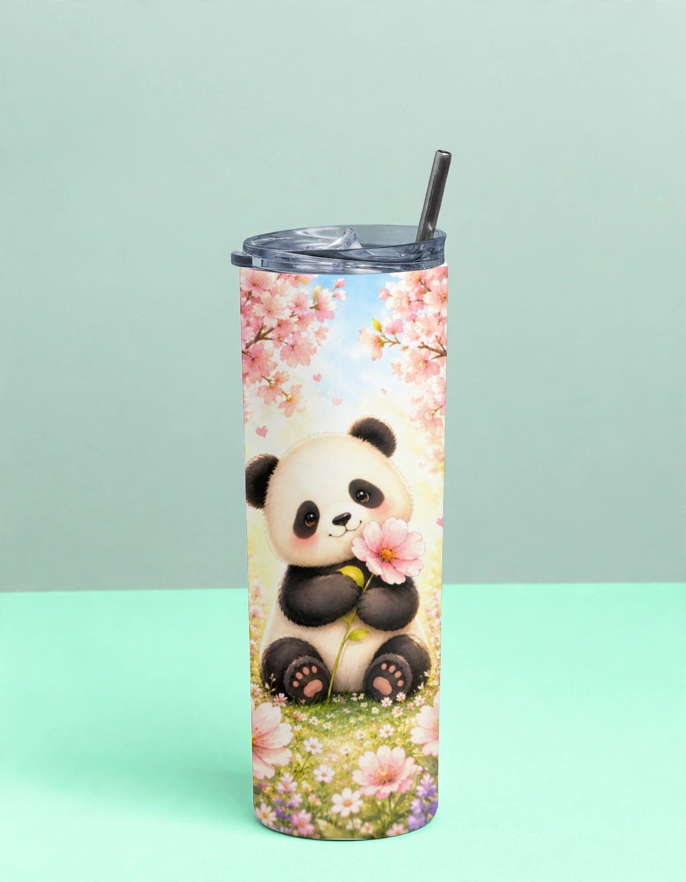Stainless Steel Tumbler With Straw – Cute Panda Cherry Blossom | Adorable Gift