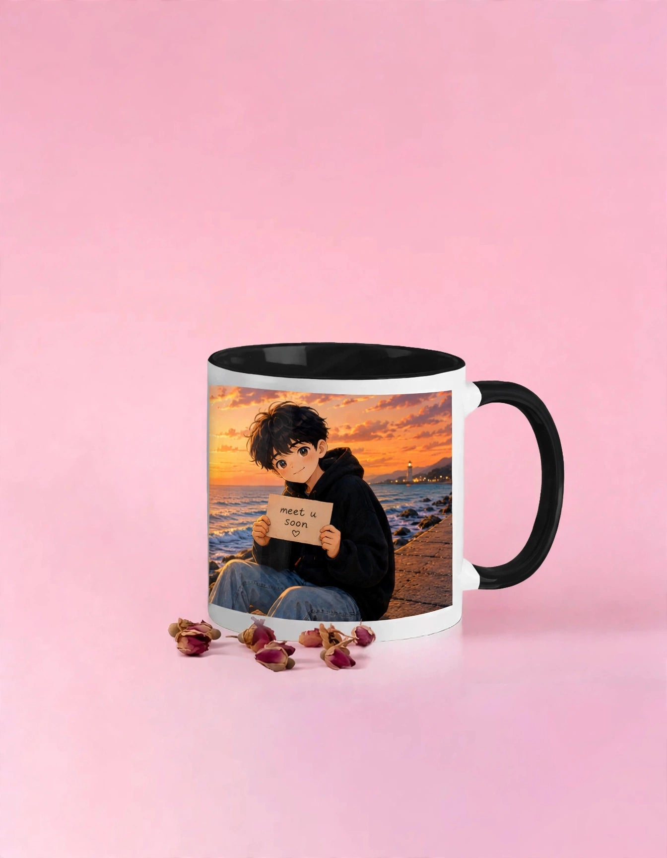 Anime Boy Sunset Ocean Ceramic Coffee Mug – 11oz Dreamy Art Gift